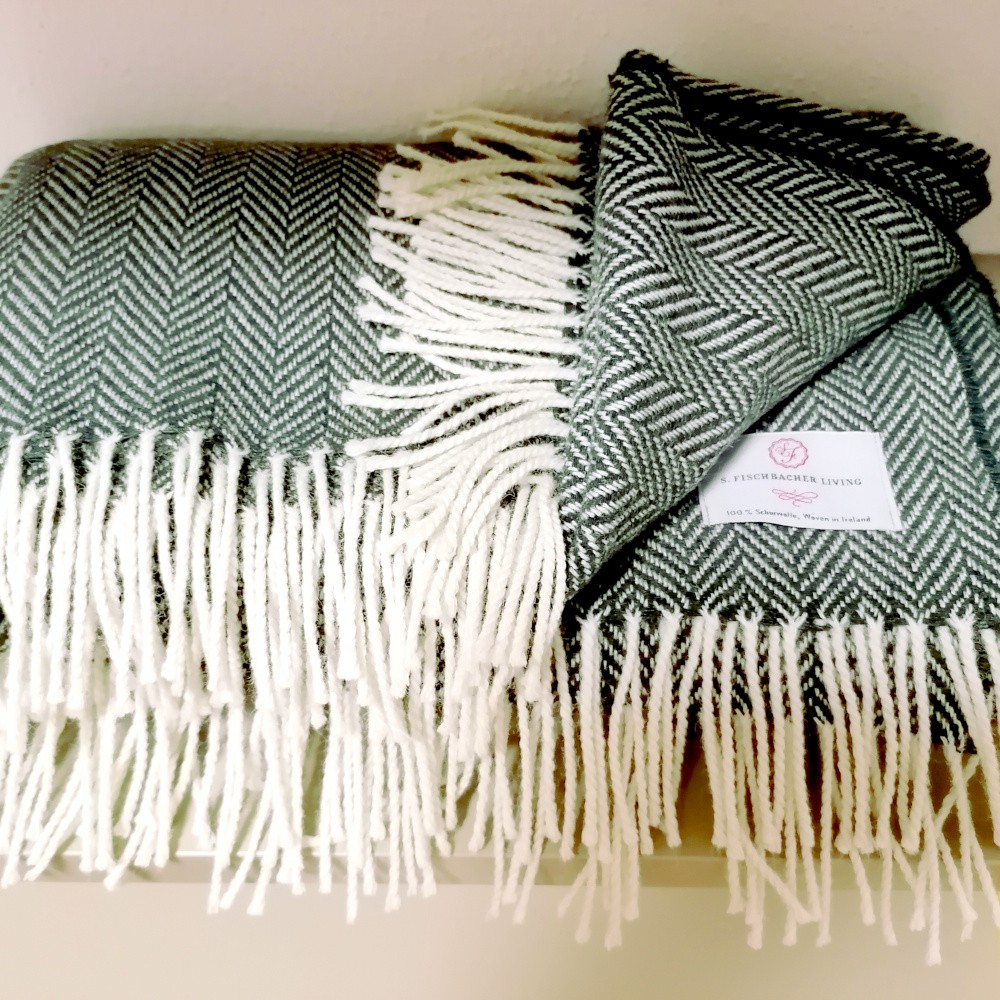 Plaid Heritage Schurwolle - Palm Tree Grüne Wolldecke mit Fischgrätmuster