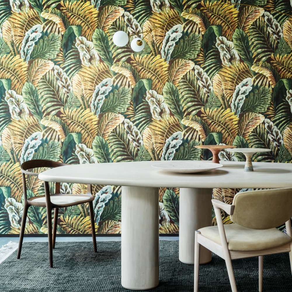 Verdure – Green Gold – 26760 Exklusive Wandtapete mit Dschungelmotiv im Wohnzimmer