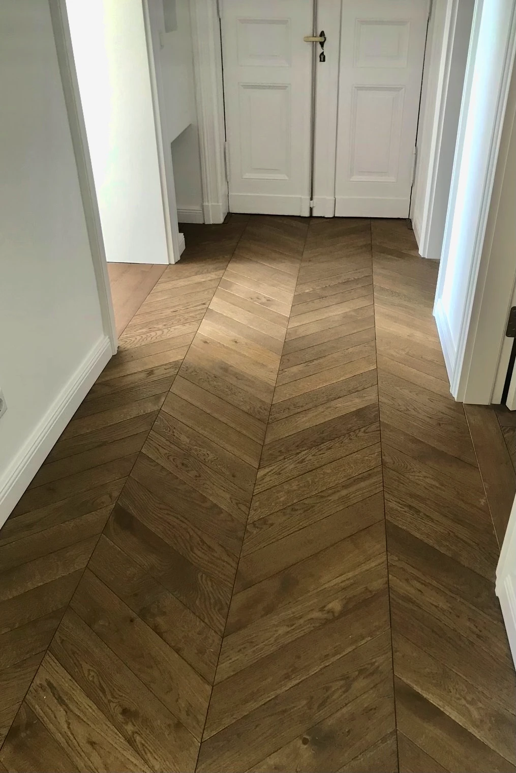 Französisches Fischgrät / Chevron , Massivholz "Walnut"  Sanierte Altbauwohnung, braunes Fischgrät Eiche