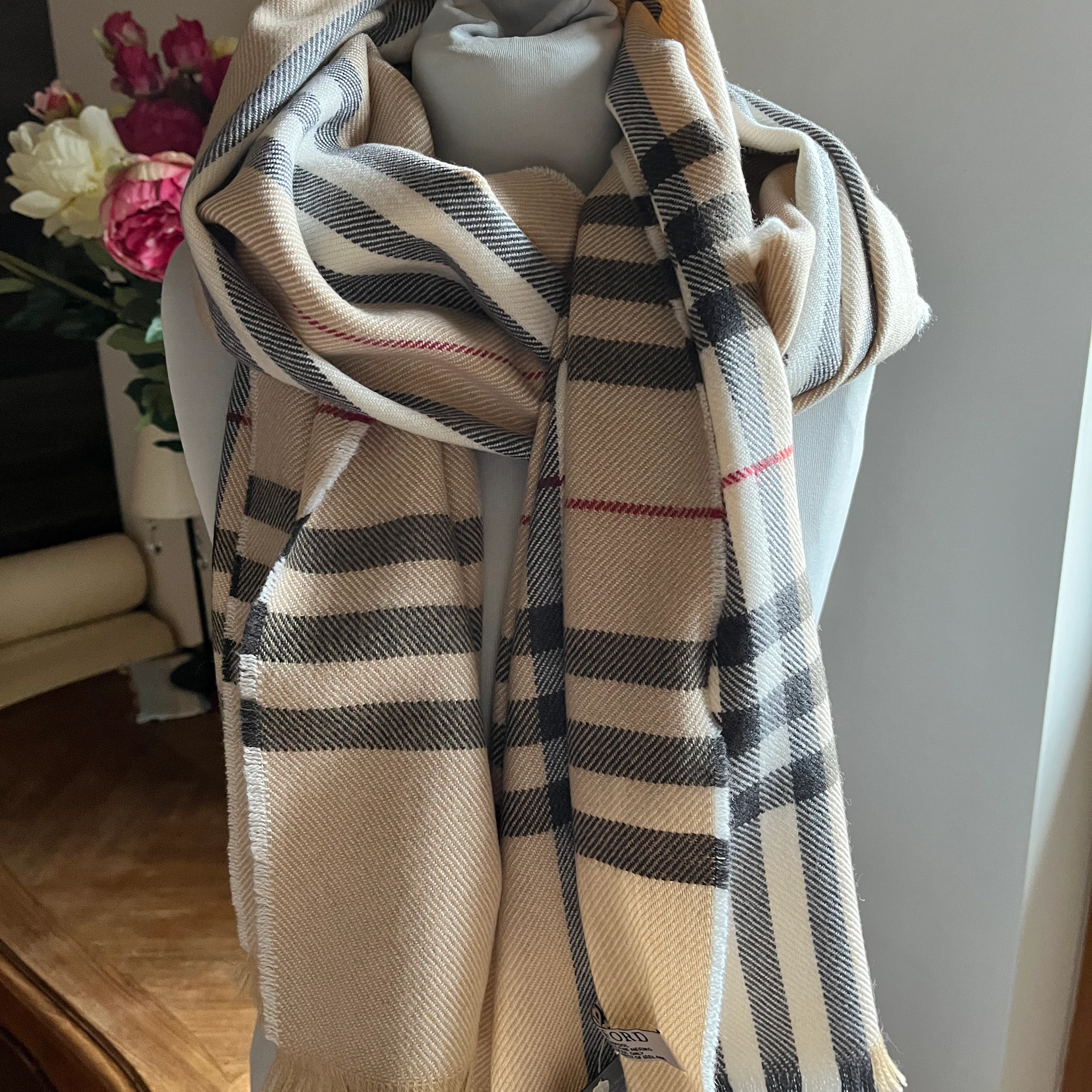 Foxford XXL Schal, Classic Stripes and Camel Großer Schal, feine Merinowolle