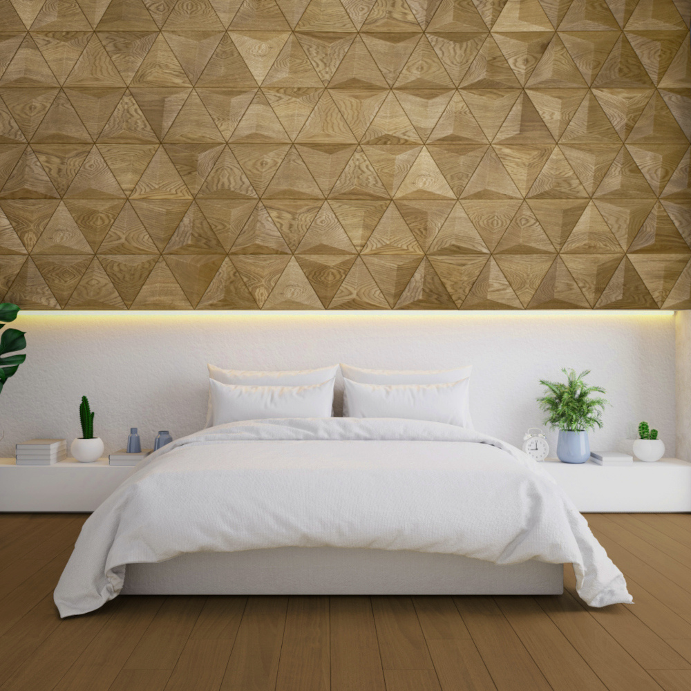 Wanddesign Exklusiv 3D Pyramide, Amerikan. Walnuss Wandverkleidung Holz Exclusiv 3D Schlafzimmer