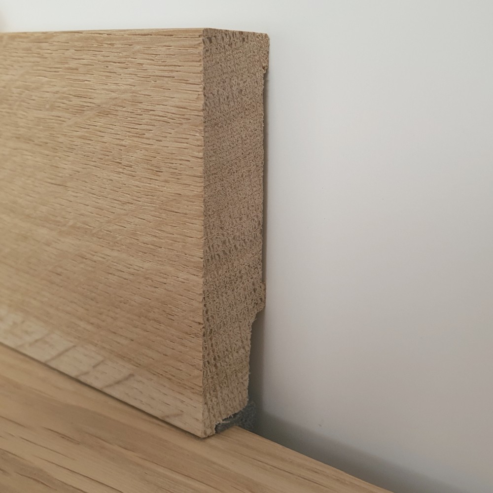 Sockelleiste Eiche massiv, 70 x 16 mm, schallentkoppelt Massivholzleisten Schallschutzleisten Schallschutzband