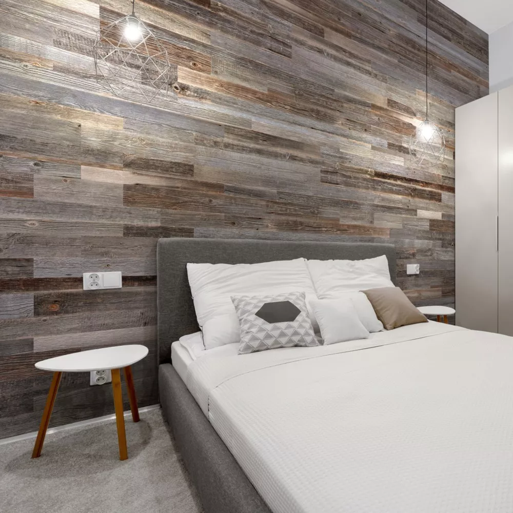 Wandverkleidung Altholz silbergrau Schlafzimmer