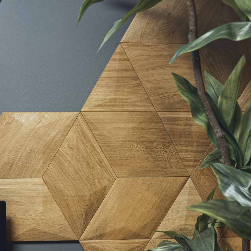 Wanddesign 3D Pyramide mit Diamant, Eiche geölt Natur Wandverkleidung Holz 3D