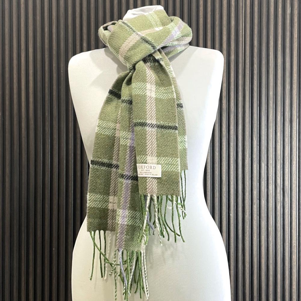 Foxford Wollschal - Green & Violet Check Grün karierter Schal, weiche Lambswool, made in Ireland