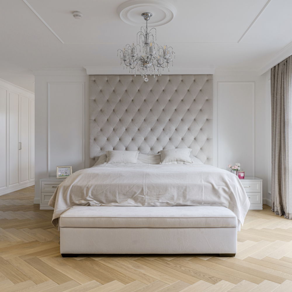 Fischgrätparkett Eiche Cotton, Foto by CABINET Schranksysteme Helles Eichenparkett, Nadine Weckerle, Herringbone, Schlafzimmer