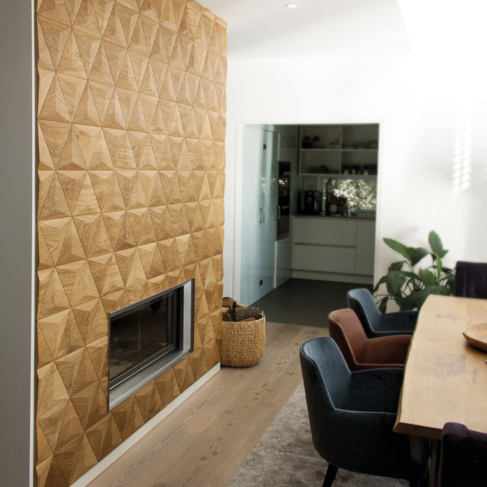 Wanddesign Exklusiv 3D Pyramide Eiche Natur Wandverkleidung Holz Exclusiv 3D Kamin