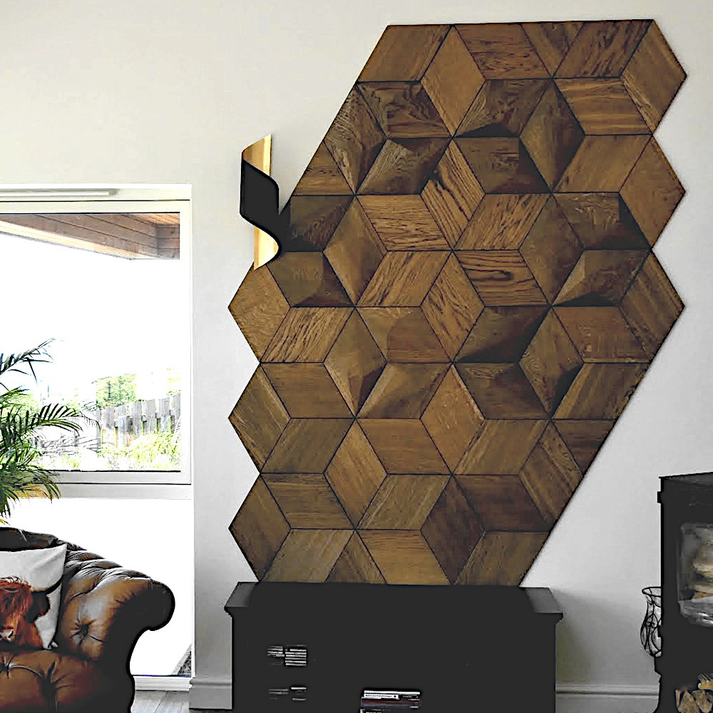 Wanddesign Karo 2D mit Diamant 3D Eiche geölt dunkelbraun Wandverkleidung Echtholz