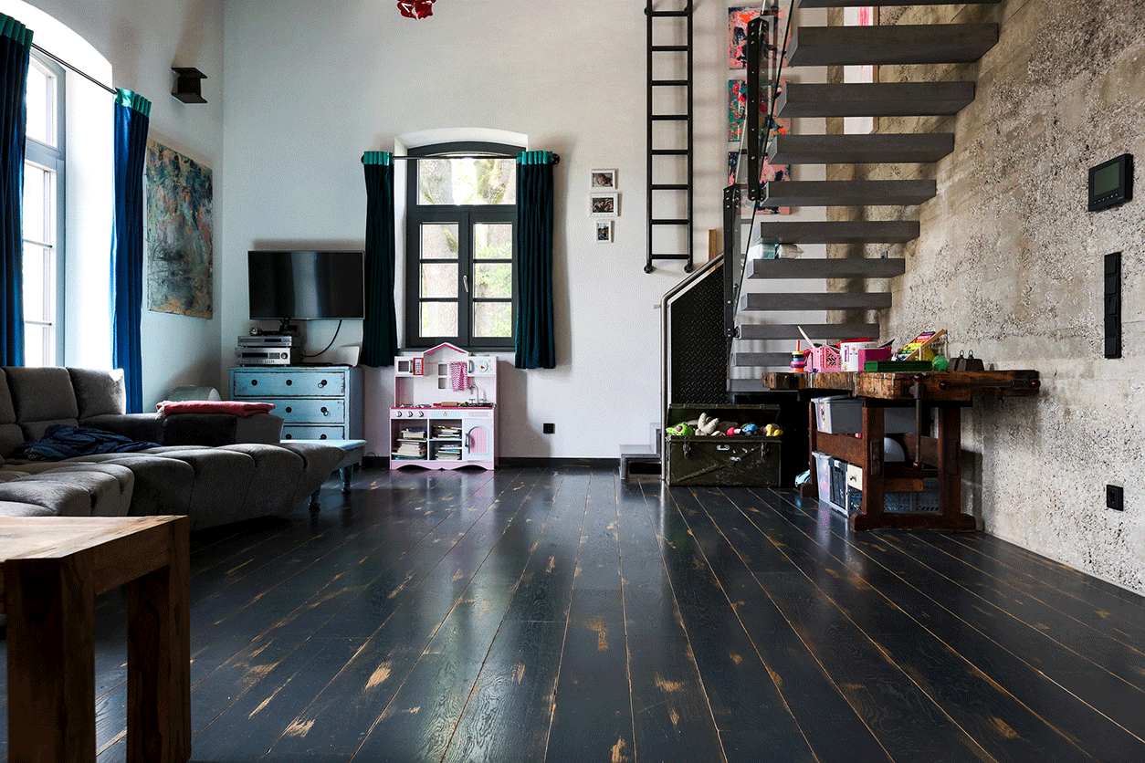 Vintage-Dielen Loft Dunkel Dunkle Vintage Dielen aus Eiche Wohnzimmer