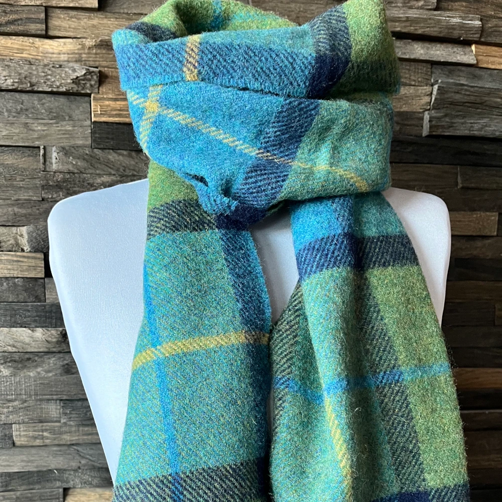 Foxford Wollschal - Blue & Green Check Weicher Schal, blau grün, Lambswool