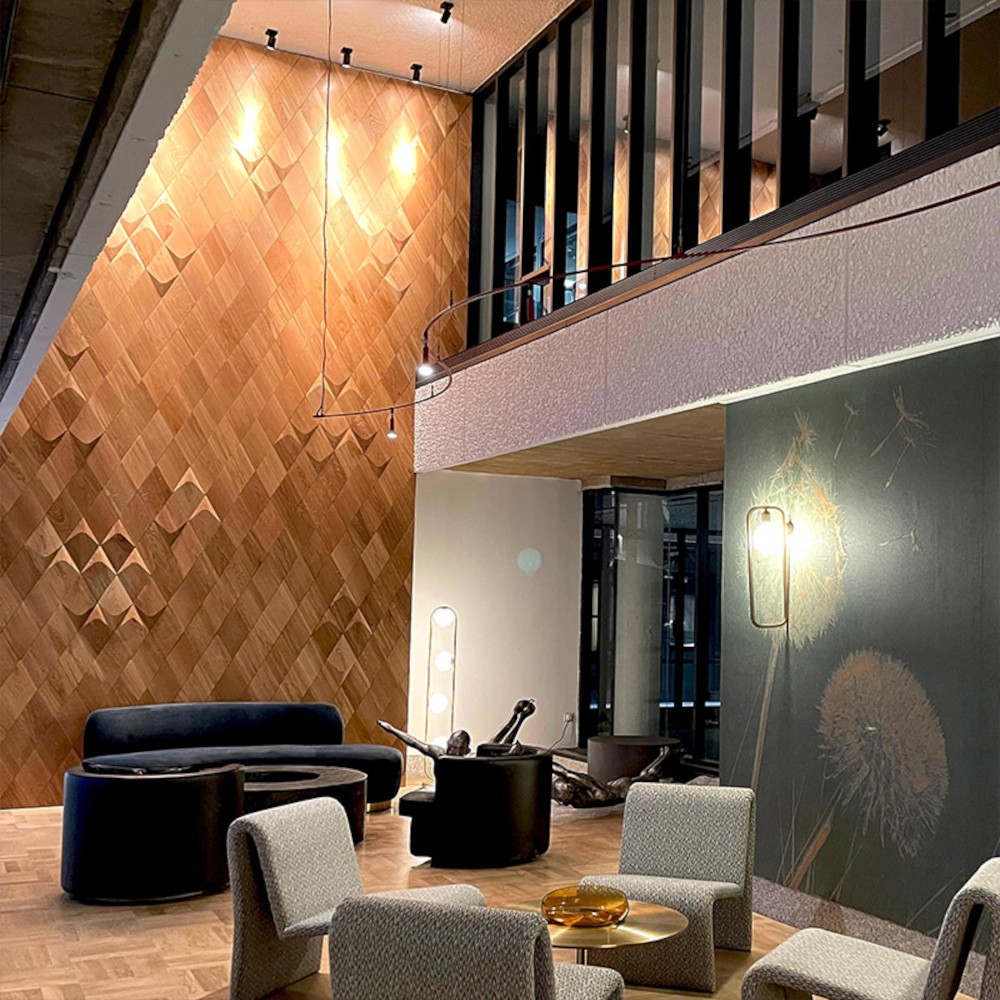 Wanddesign Exklusiv Karo (2D) kombiniert mit Rhombus Plus (3D) Eiche geölt natur Wandverkleidung Echtholz