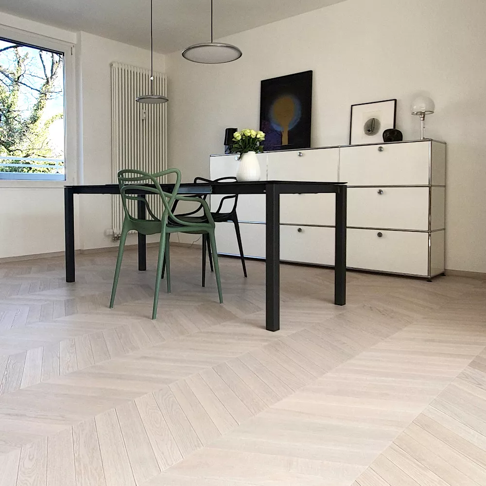 Chevron Massivholz, weißes Parkett