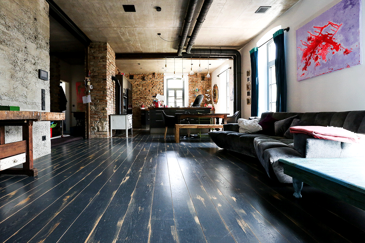 Vintage-Dielen Loft Dunkel Dunkle Vintage Dielen aus Eiche Küche