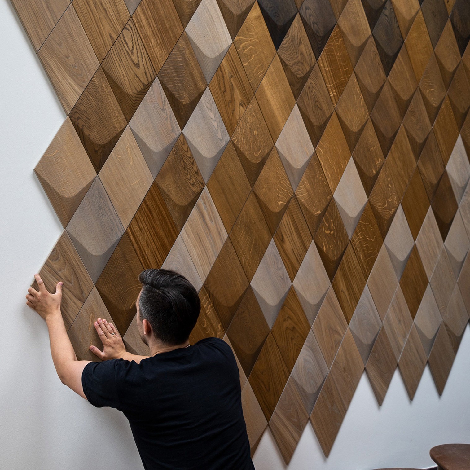 Wanddesign Exklusiv Karo (2D) und Rhombus Plus (3D) Eiche geölt zartgrau, schwarzbraun, dunkelbraun, Amerikanische Walnuss geölt Wandverkleidung Echtholz