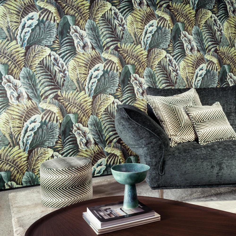 Verdure – Blue Mint – 26761 Exklusive Wandtapete mit Dschungelmotiv im Wohnzimmer