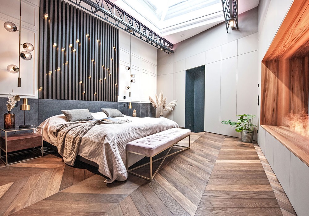 Französisches Fischgrät Eiche Colombian im Loft Chevron Räuchereiche Sanierung