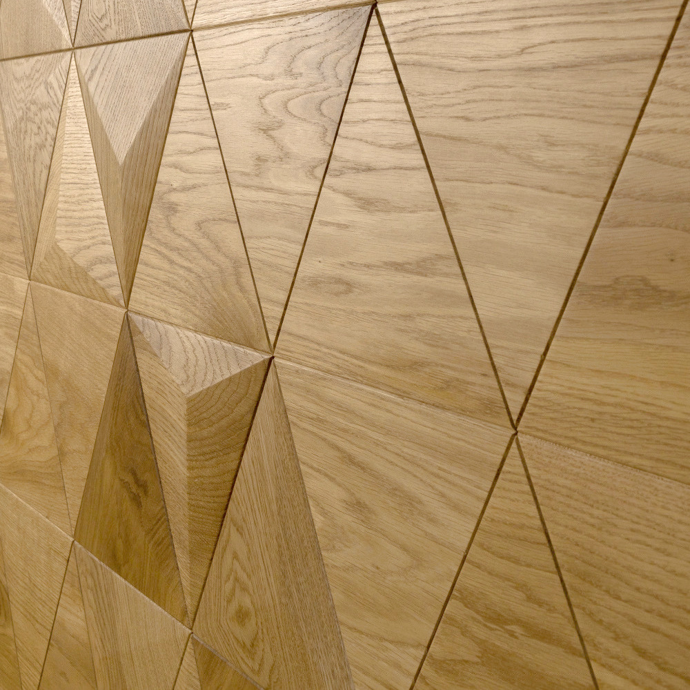 Wanddesign Dreieck (2D) kombiniert mit Pyramide (3D) Wandverkleidung Echtholz