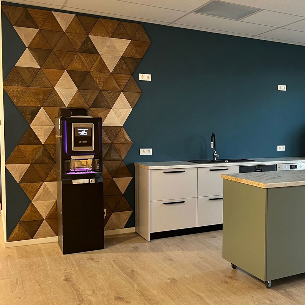 Wandverkleidung 3D Dreieck kombiniert mit Pyramide Eiche geölt weiß, schwarzbraun, dunkelbraun Wandverkleidung Echtholz