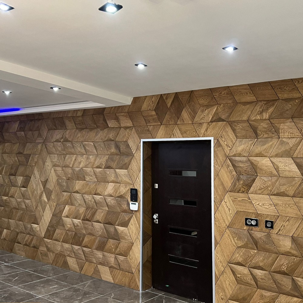 Wanddesign Karo mit Diamant und Dreieck dunkelbraun Wandverkleidung Echtholz