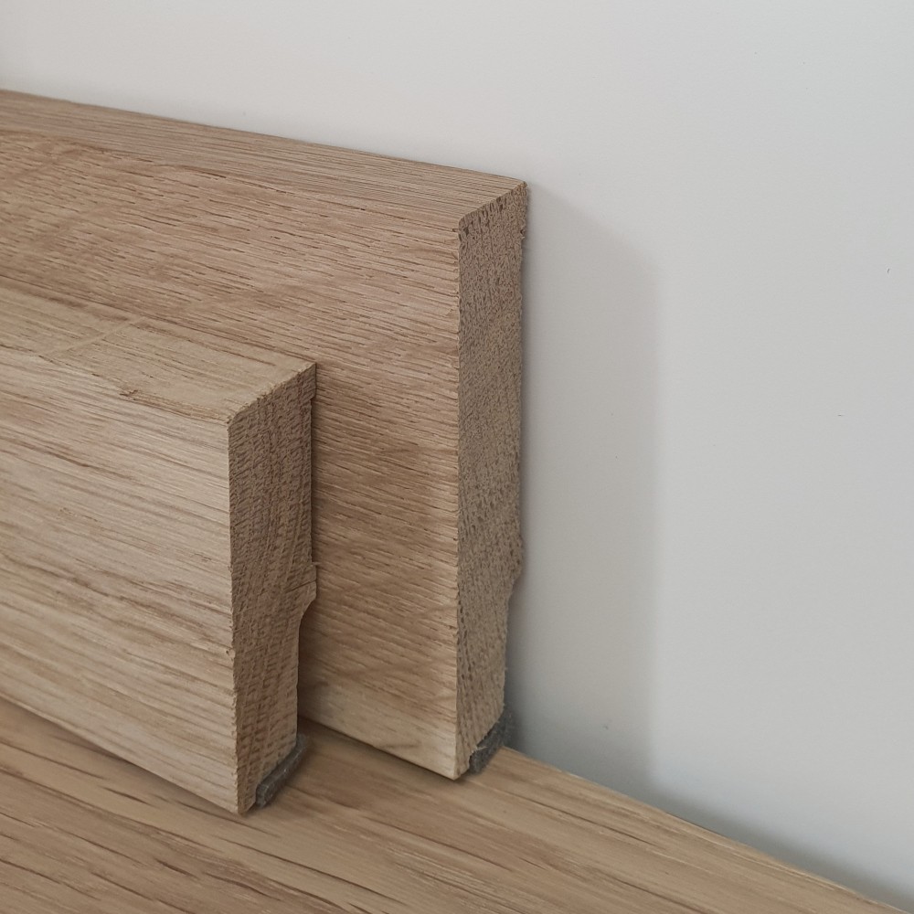 Sockelleiste Eiche massiv, 50/70 x 16 mm, schallentkoppelt Massivholzleisten Schallschutzleisten Schallschutzband