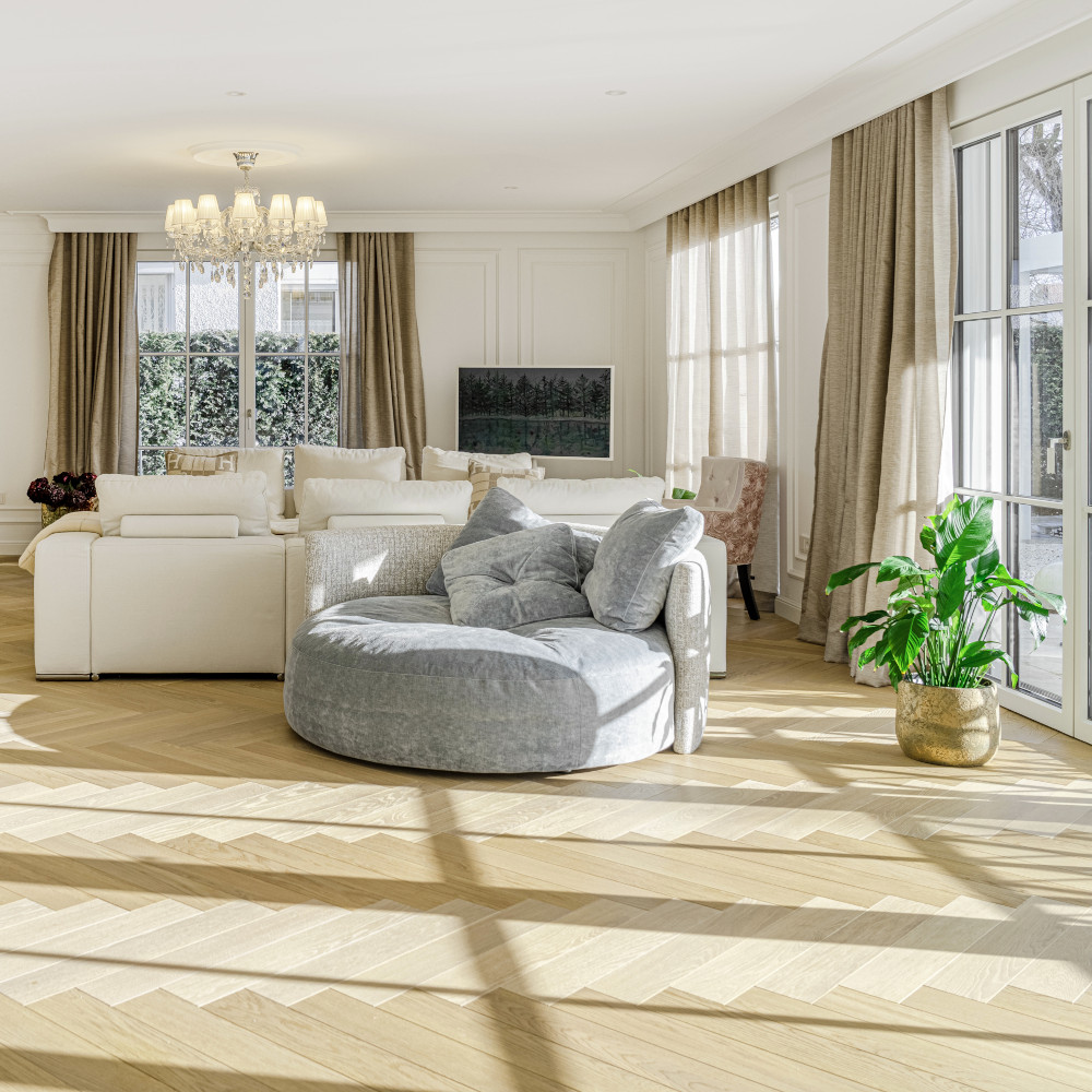 Helles Eichenparkett, Nadine Weckerle, Herringbone, Wohnzimmer