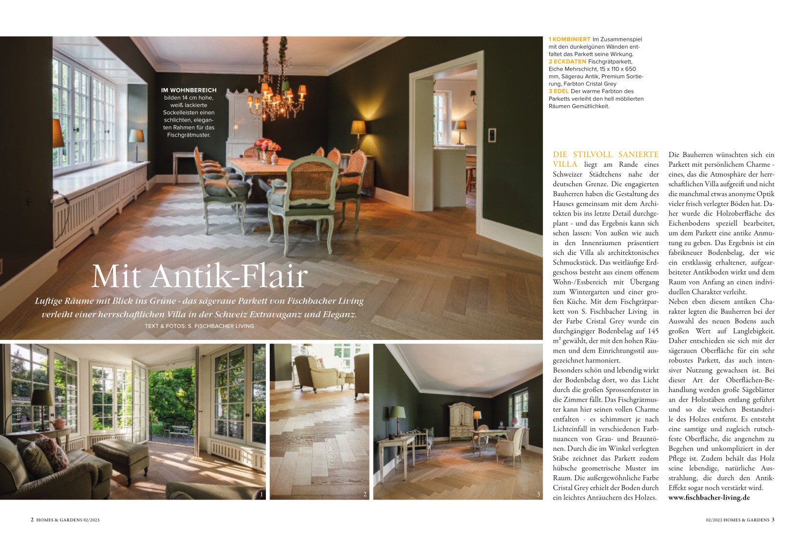 Artikel in "Homes & Gardens" zum antiken Fischgrätparkett Presseartikel