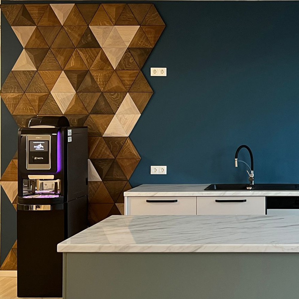 Wandverkleidung 3D Dreieck kombiniert mit Pyramide Eiche geölt weiß, schwarzbraun, dunkelbraun Wandverkleidung Echtholz