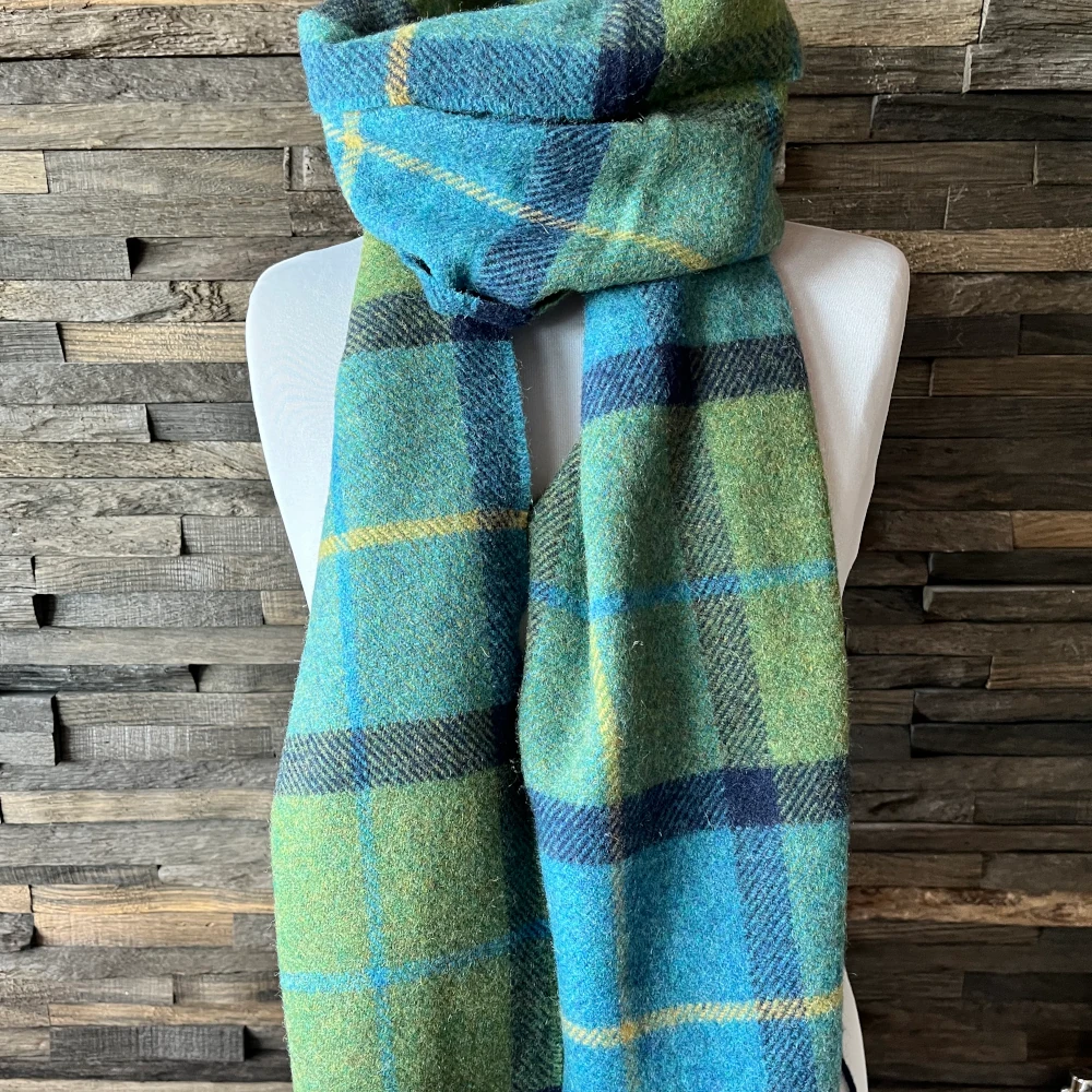 Foxford Wollschal - Blue & Green Check Weicher Schal, blau grün, Lambswool